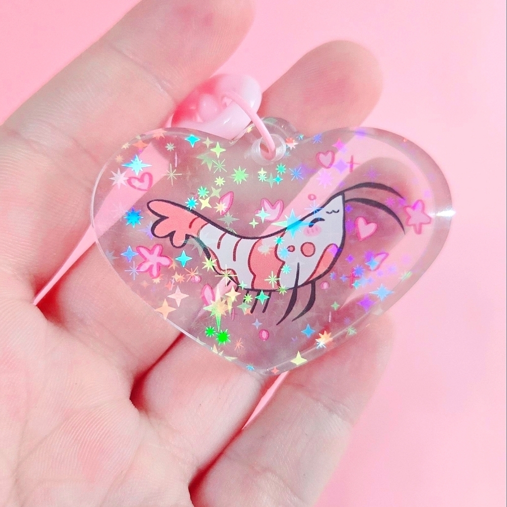 Cute Shrimp Heart Keychain Kawaii Neocaridina Shrimp Acrylic Keychain Sparkling